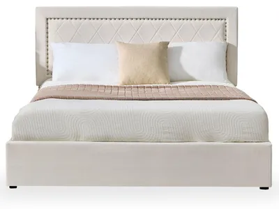 Image de MENZZO Lit coffre Sandiego avec sommier relevable 160x200cm et tête de lit cloutée Velours Beige clair