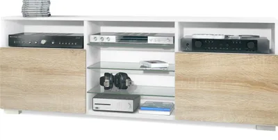 Produktbild von Vladon TV-Board Granada, Lowboard mit 2 Türen und 6 offenen Fächern, Korpus Weiß matt, Fronten in Eiche sägerau (146 x 54 x 35 cm)