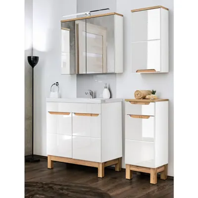 Produktbild von Badezimmermöbel Set mit 80cm Waschtisch & LED-Spiegelschrank SOLNA-56 in Hochglanz weiß, B/H/T ca.: 130/200/46 cm