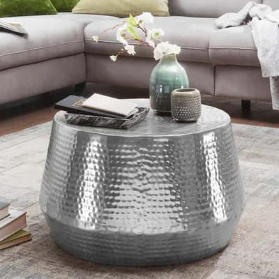 Image de FineBuy Table basse 60 x 36 x 60 cm aluminium Table d'appoint orientale ronde, Table de salon plate martelée métal, Design Table de salon moderne, Table de salon indienne petite table de salon