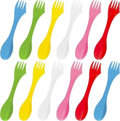 Immagine prodotto di Set di posate da campeggio in plastica, 12 pezzi, forchette e cucchiai leggeri e resistenti per l'uso all'aperto, i viaggi e le escursioni, 6 colori