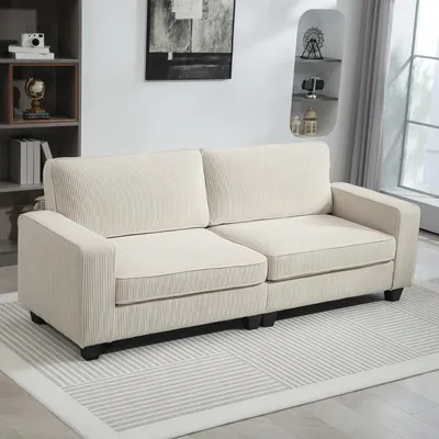 Produktbild von 3-Sitzer Sofa cremeweiss, Cordbezug, Armlehnen & Rückenkissen, Federkern, 227x84x87 cm