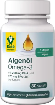 A product shot of a bottle of Algenöl Omega-3 capsules.