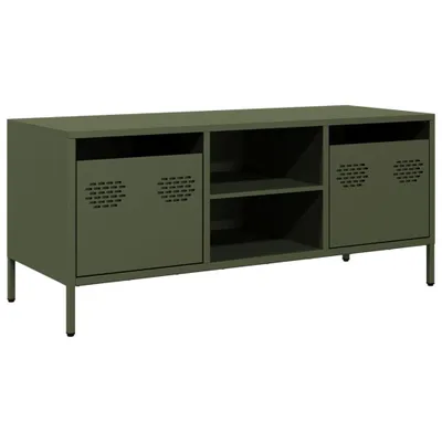 A green TV stand with storage compartments and legs, shown against a white background.