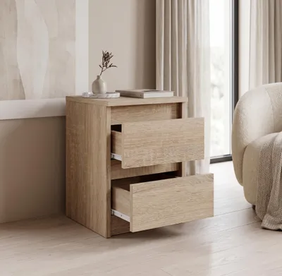 Immagine prodotto di Comodino Sonoma opaco con 2 cassetti | Comodino in stile scandinavo | Tavolino compatto per camera da letto e camera dei bambini
