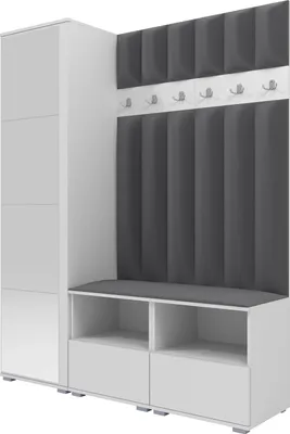 Produktbild von Garderoben-Set Nela II LUX mit Spiegel, gepolsterte Garderobe 150 cm mit Doppel-Sitzbank, Wandpaneelen und Stauraum (Farbe: Weiß + Trinity 15)
