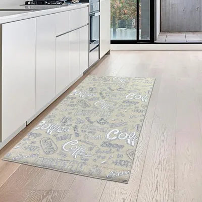 Immagine prodotto di Tappeto da cucina beige lavabile con scritta "Coffee" in bianco Dimensioni - 67 x 180 cm