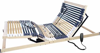 An adjustable bed frame with wooden slats and a remote control.