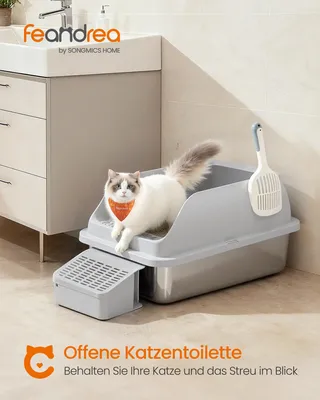 Produktbild von Feandrea Katzenklo Edelstahl, Katzentoilette, offenes Design, mit hohen Seitenwänden, Trittstufe, Schaufel, Bürste, für Katzen bis zu 15 kg