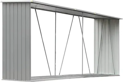 A metal firewood storage shed with an open front and a sloped roof.