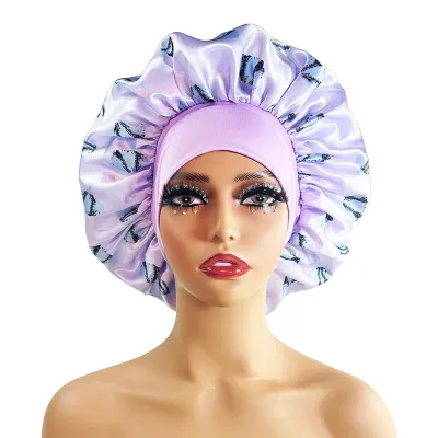 Produktbild von Haarhaube aus Seidensatin, extragroße Schlafhaube aus Satin, bequemer Blumendruck, elastisches Band, hohe Dichte, Damenzöpfe, lockige Nachtmütze, Hellviolett