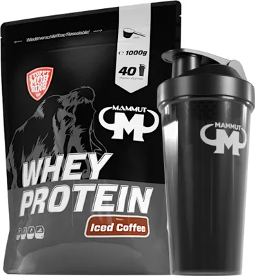 Produktbild von Mammut Nutrition - Whey Protein 1000 g Beutel - 40 Portionen Eiweiß + GRATIS Protein Shaker, Geschmack: Iced Coffee