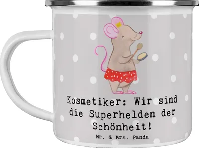 Produktbild von Mr. & Mrs. Panda Pott Kosmetiker Helden - Grau Pastell - Geschenk, Teetasse, Hautpflege, Berufspassion, Emaille Becher, Haferl, personalisierte Geschenke, professionelle