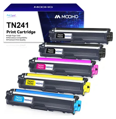 A stack of five colored toner cartridges, with a box of toner cartridges in the background.