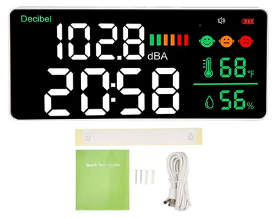 Imagen del producto de Medidor de decibelios, rango de 30 a 130 dB, medidor de nivel de sonido de pared, pantalla LED de 11 pulgadas, que muestra la hora, la temperatura, la humedad y el nivel de ruido