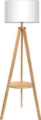Produktbild von Tomons Stehlampe Stativ aus Holz, Stehleuchte mit Ablage und E27 8W Glühbirne, Weißer Lampenschirm aus Stoff, Skandinavischer Stil, für Wohnzimmer, Schlafzimmer, mit Ablage und Leuchtmittel