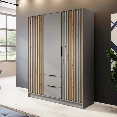 Produktbild von Kleiderschrank Stilo Grau Matt mit Lamellen – 155 cm, 3 Türen, 2 Schubladen, Universelles Design