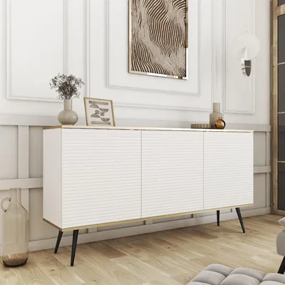Productafbeelding van Kommode FORNO, wit, met geribbelde voorkant, Glamour Art Deco stijl, 160 cm breed, zwarte poten