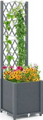 Image de COSTWAY Jardinière avec treillis, treillage & arrosage automatique, jardinière pour plantes grimpantes, plate-bande, bac à fleurs 40x40x140cm Gris