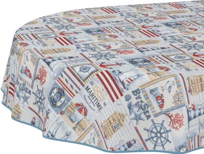 Zdjęcie produktu dla Obrus patchwork marynistyczny czerwony owalny 180x140cm wstążka wodoodporny zmywalny