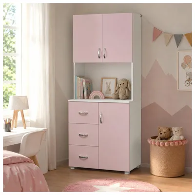 Produktbild von Schrank Rosa Weiß, 180 cm hoch, 80 cm breit, 40 cm tief, mit 6 Einlegeböden und 3 Schubladen