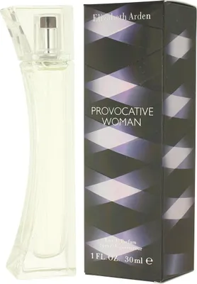 A bottle of Elizabeth Arden Provocative Woman eau de Parfum for women and its packaging are displayed side-by-side against a white background.