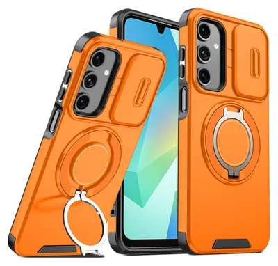 Immagine prodotto di Custodia a doppio strato per Samsung Galaxy A16 5G/4G, con copertura scorrevole per la fotocamera e supporto magnetico ad anello Arancione