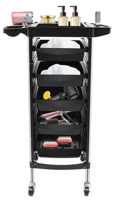 Immagine prodotto di Carrello per parrucchiere - Carrello mobile per salone - 6 ripiani - 5 cassetti - Piano di appoggio in acciaio inossidabile - Struttura in plastica - Capacità di carico: 8 kg