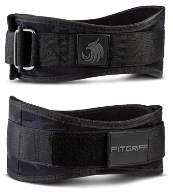 Immagine prodotto di FITGRIFF® Cintura per sollevamento pesi V2 - Cintura per sollevamento pesi da uomo e da donna - Bodybuilding, allenamento della forza, allenamento CrossFit - Cintura da allenamento, cintura per sollevamento pesi, per l'allenamento in palestra (mimetica nera, taglia S)