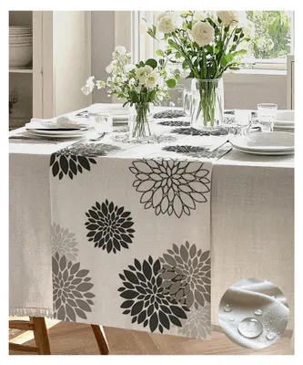 Produktbild von Tischläufer Blumen Grau Dahlien Modern Wasserabweisend Leinen, Tischdecke für Outdoor Sommer Garten Hochzeit Esszimmer Party Urlaub 40 x 140 cm