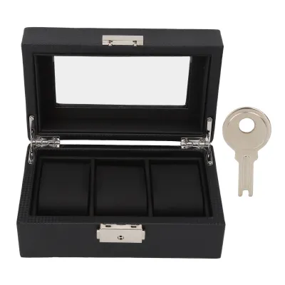 Produktbild von Uhrenbox mit 3 Fächern – Verschließbar, aus Kunstleder, mit transparentem Deckel, Schwarz