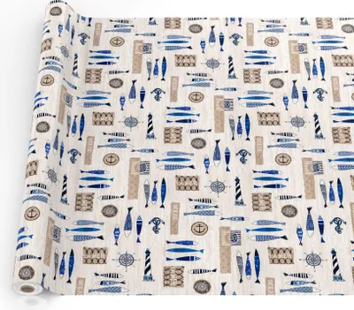 Produktbild von Tischdecke Maritim aus Textil mit Exclusiven Motiven wasserabweisend Tischtuch Tischwäsche Aquarell Blau Breite 140cm Länge 2000cm mit Schnittkante