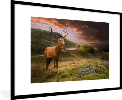Produktbild von MuchoWow® MuchoWow® Gerahmtes Poster Hirsche - Berge - Natur 90x60 cm - Poster mit zchwarzem Bilderrahmen - Wanddekoration - Fotos