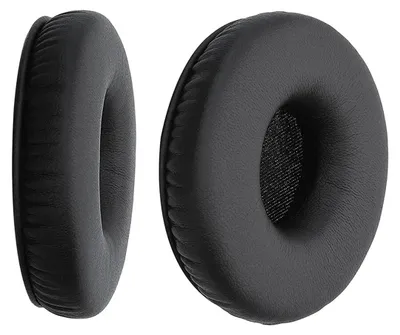 Two black ear pads for headphones are shown against a white background.