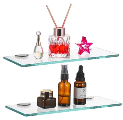 Image de Étagère en verre pour salle de bain - 30 x 13 cm - Lot de 2 - Verre trempé - Supports en inox - Fixation sans perçage