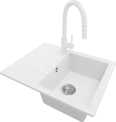 Produktbild von PRIMAGRAN Granitspüle Weiß 62x50cm, Spülbecken 1 Becken + Küchenarmatur 40x20cm + Ablauf-Set, Küchenspüle ab 40er Unterschrank - Mailand