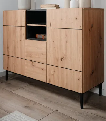 Produktbild von Kommode "Liam" in Artisan Eiche und schwarz Sideboard 120 x 90 cm