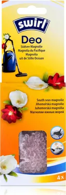 Packaging for Swirl Deo air freshener beads for vacuum cleaners, featuring floral imagery and product details.
