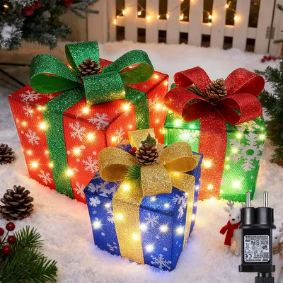 Leuchtende Weihnachts-Geschenkboxen, 60 LEDs, warmweiß, Timer, 3er-Set