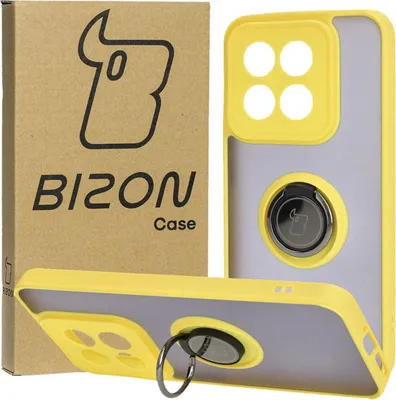 Produktbild von Bizon Case Hybrid Ring Fingerringhülle für Xiaomi 14, Rauch mit gelbem Rahmen