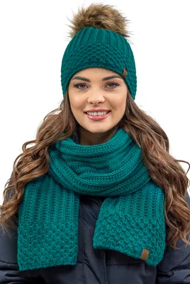 Produktbild von Vivisence damen bommelmütze und schal set warm kopfbedeckung und halsbedeckung an winter und herbst warm dick, wintermütze mit bommel, winterset für frauen, hergestellt in der eu, dunkeltürkis, einhei