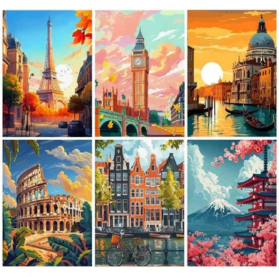 Productafbeelding van Diamantverfset voor volwassenen, 6 stuks, stadslandschappen, 30x40 cm, 5D mozaïek knutselset
