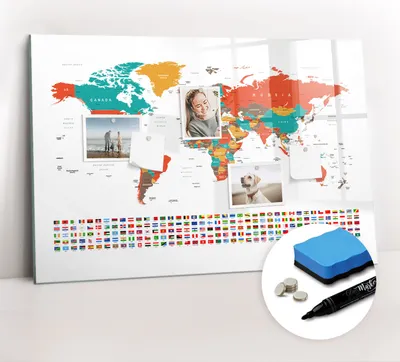 Produktbild von Magnetpinnwand Memoboard - Zubehörsatz - Schwarzer Marker + Schwamm + Magnete - 90 x 60 cm - Bunte Weltkarte
