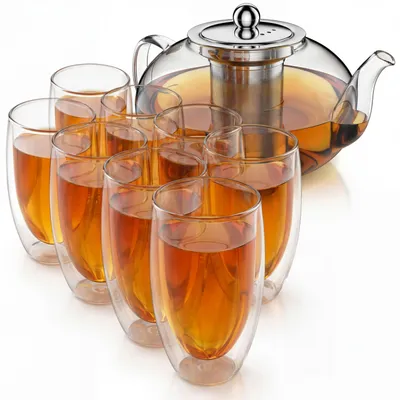 Produktbild von Arendo Teekanne 1,2 l in runder Form, Edelstahlsieb und 8 Thermogläsern 450 ml, doppelwandige Gläser ohne Henkel, Glaskanne, 10 Teile, transparent und silberfarben