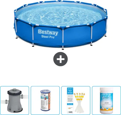Produktbild von Bestway Round Steel Pro Swimmingpool – 366 x 76 cm – Blau – inklusive Pumpe Filter - Teststreifen - Chlor