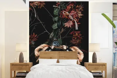 Produktbild von MuchoWow® Fototapete für Wohnzimmer oder Schlafzimmer Wandtapete Vinyl Motivtapete Tiger - Schmetterling - Blumen - 190x260 cm - Papiertapete