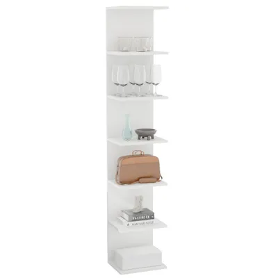 A white, modern, vertical shelf unit with various items displayed on its shelves.