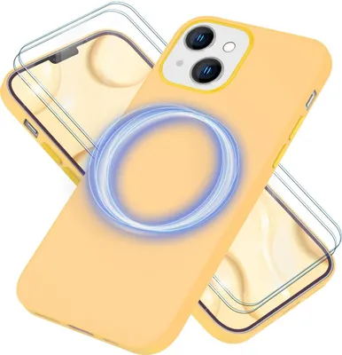 Obrázok produktu pre Puzdro MagSafe s 2x ochranným sklom pre iPhone 14, silikónový kryt na mobil Easy Clean žltý