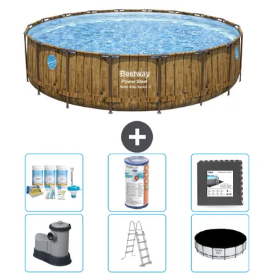 Produktbild von Bestway Round Power Steel Swim Vista Schwimmbad – Holzdruck – 549 x 122 – inklusive Pumpe – Leiter – Abdeckung Wartungspaket - Filter - Bodenfliesen