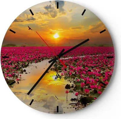 Produktbild von Wanduhr - Rund - Glasuhr - See Blumen - 30x30cm - Schleichendes Uhrwerk - Lautlos - zum Aufhängen bereit - Dekoration Modern - Wanddekoration aus Glas - C3AR30x30-3769